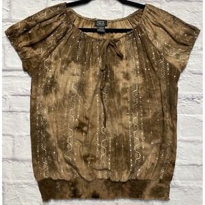 Shannon Ford New York‎ Peasant Top Large Gathered Neck Tie Dye Textured Brown